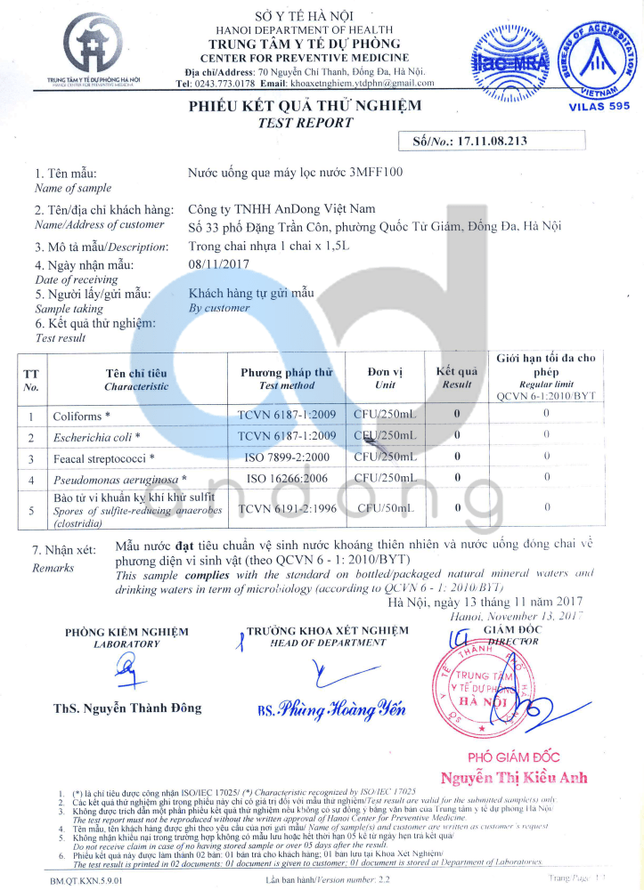 Chứng nhận kiểm định nước từ máy lọc 3M FF100 Aqua Pure cuno